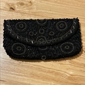 Elegant Black Beaded Satin Clutch